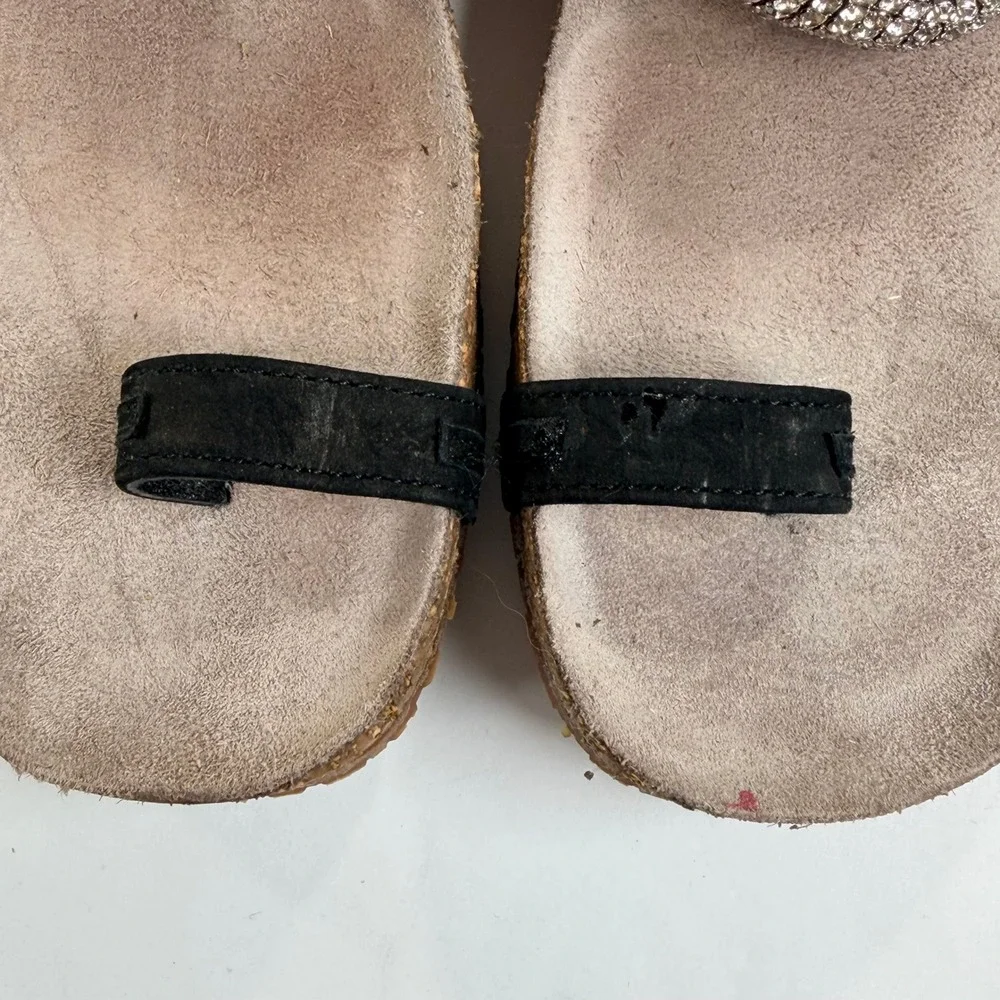 Mephisto Izabel Sandals Womens 40 Black Suede Rhinestone Embellished Cork Wedge